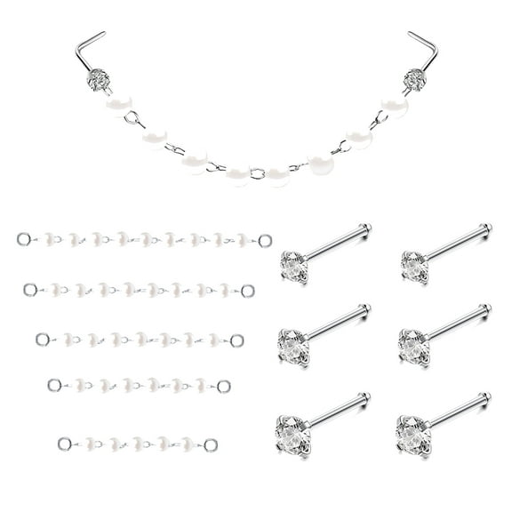 ZS 11Pcs/Set Pearl Nose Chain Piercing Across Nose Stud Cubic Zirconia Nose Bone Nose Rings