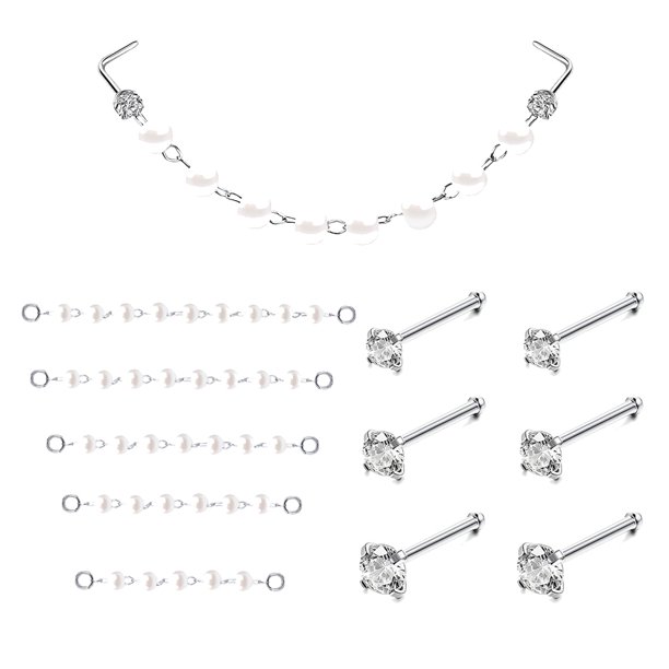 ZS 11Pcs/Set Pearl Nose Chain Piercing Across Nose Stud Cubic Zirconia Nose Bone Nose Rings