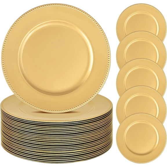 Gold Charger Plates Bulk, Round Beaded Plate Chargers for Dinner Plates, Decorative Dinner Chargers Plastic Table Chargers for Wedding Holiday Party Event Decoration (Gold)