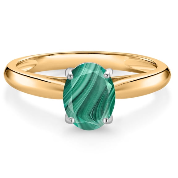 Gem Stone King 10K Yellow and White Gold Green Malachite Solitaire Engagement Ring for Women (2.00 Cttw, Oval 8X6MM, Gemstone Birthstone, Available in Size 5, 6, 7, 8, 9)