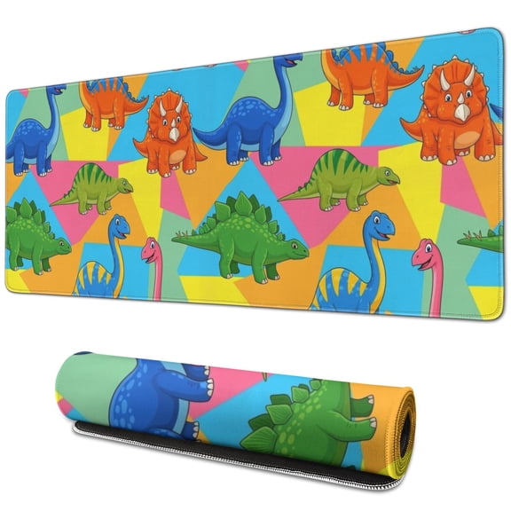 Long Mouse Pads for Desk,Colorful Cartoon Dinosaurs Geometric Desk Mats on Top Of Desks, Desk Mouse Pad Extra Large with 3mm Non-Slip Base and Stitched Edge for Gaming,Work,Home 31.5"x11.8"