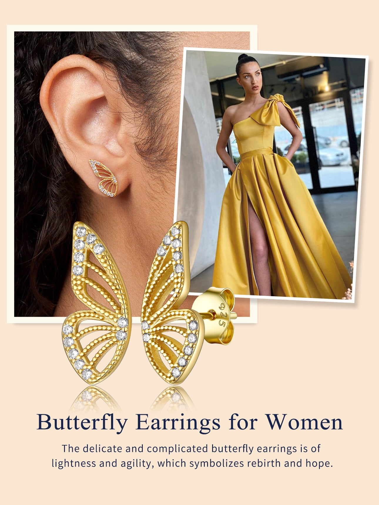 Suplight 925 Sterling Silver Zircon Edge Half Butterfly Stud Earrings, Dainty Butterfly Earrings for Women