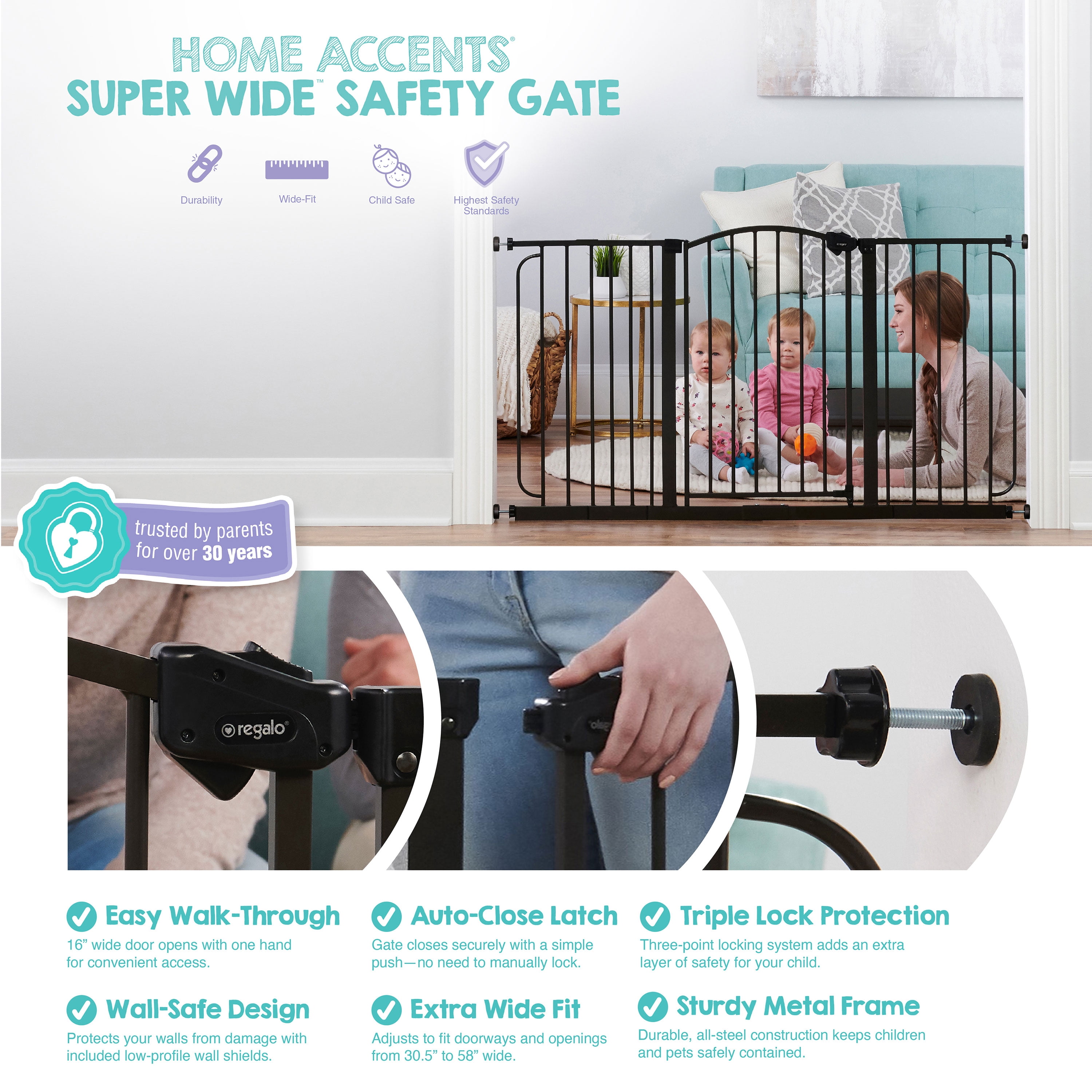Regalo Extra Wide 58” Arched Décor Baby Safety Gate with Extensions, Pressure-Mounted for Doorways & Bottom of Stairs, Dark Bronze