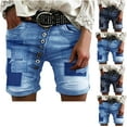 thumbnail image 4 of Lovskoo Jean Shorts for Women Trendy Mid Rise Stretchy Denim Shorts Button Pockets Summer 2024 Distressed Jean Shorts Dark Blue 2XL, 4 of 4