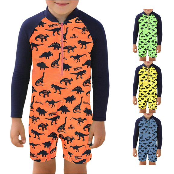 FINALGANG Toddlers Boys Zip Front Half High Neck Long Sleeve Dinosaur Print One Piece Quick Dry Regular Fit Jumpsuit Swim Suit For Kids Summer Beach Comfort Swimwear 7-8Y/16