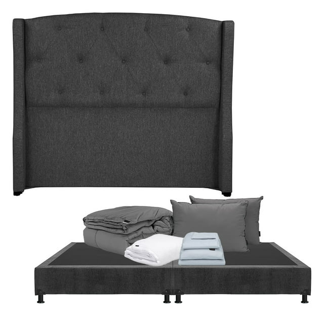 Box Base Cama King Size + Cabecera Zefyr Gris Carbon + Almohada 2Pack + Protector Cloud + Sabanas Softy + Edredon Homy