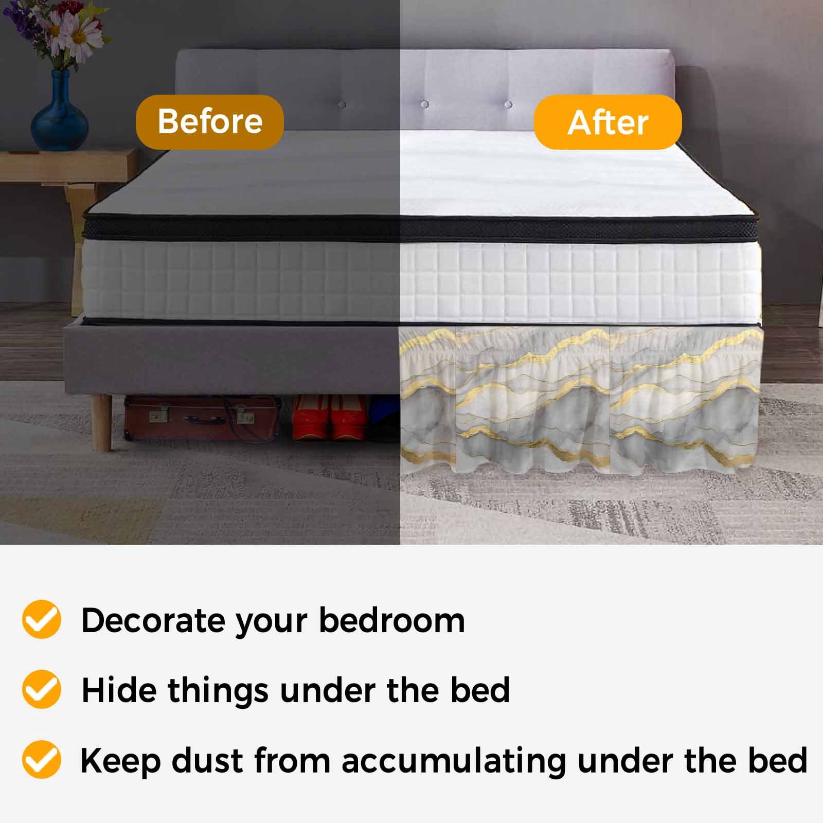 Marble Grey Bed Skirt Queen Size, Modern Gold Luxury Neutral Texture Wrap Around Bed Skirting with Adjustable Elastic Strap, Dust Ruffle Pleated Bedskirts 16 Inch Drop for Bedroom Queen Beds