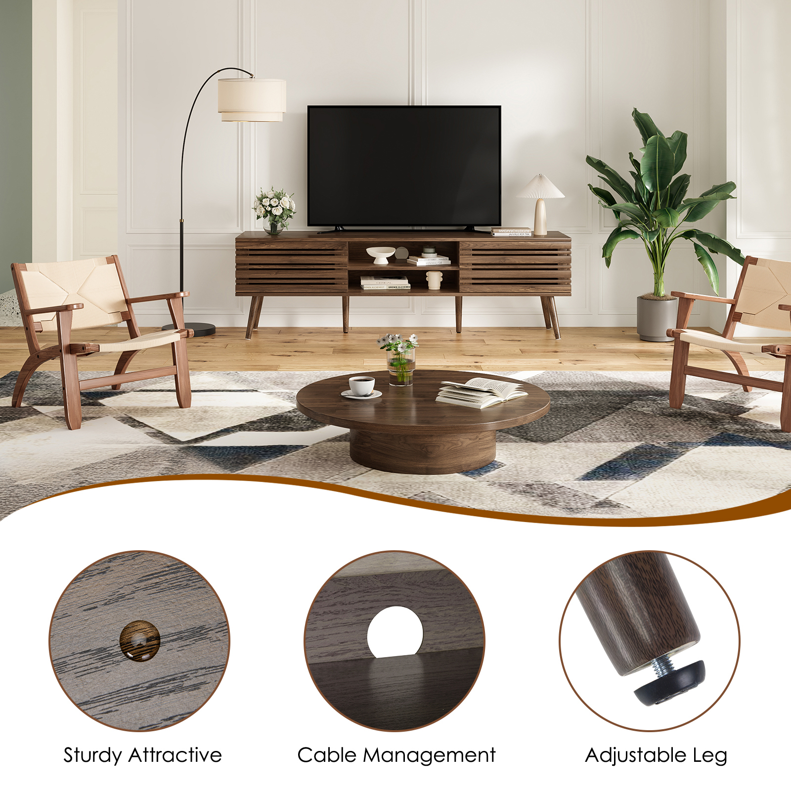 Hommoo Mid Century Modern TV Stands up to 70", Wooden Home Entertainment Center TV Console Cabinet with Sliding Tambour Door & Adjustable Shelves, Natural Walnut