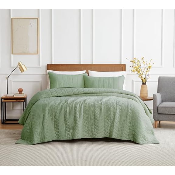 Sage Green 100% Cotton Quilt California Cal King Size Bedding Sets with Pillow Shams,Oversized Lightweight Soft Bedspread Coverlet, Cozy Bed Cover for All Season, 3 Pieces
