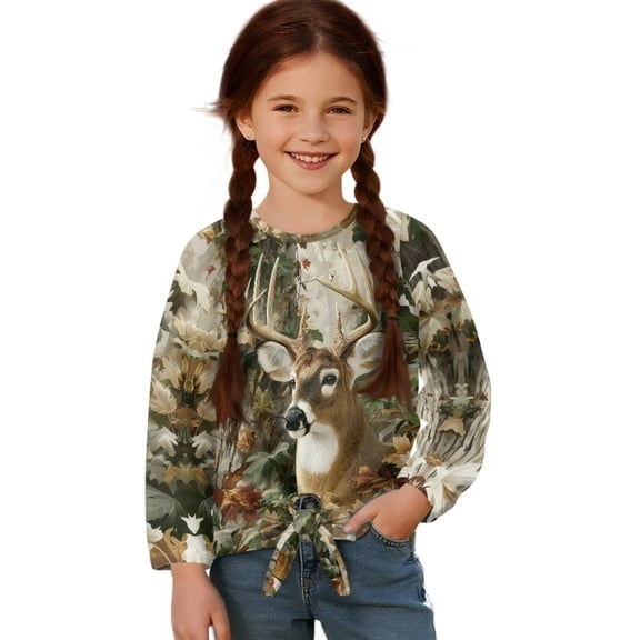 Garronmavis Camo Forest Girls Long Sleeve T-Shirts 11-12 Warm Deer Long Sleeve Crewneck Tie Hem Front Clothing Tops Lightweight Kids Athletic T-Shirts Warm Fall Winter Clothes