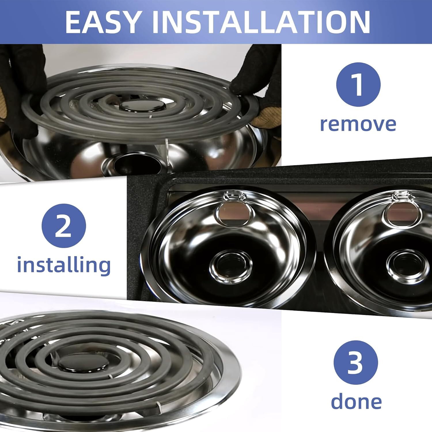 W10196406 and W10196405 Chrome Stove Burner Drip Pan Set for Whirlpool Kenmore Electric Range,Thickening to Prevent Bending and Rust,Includes 2*6-Inch and 2*8-Inch Drip Bowls