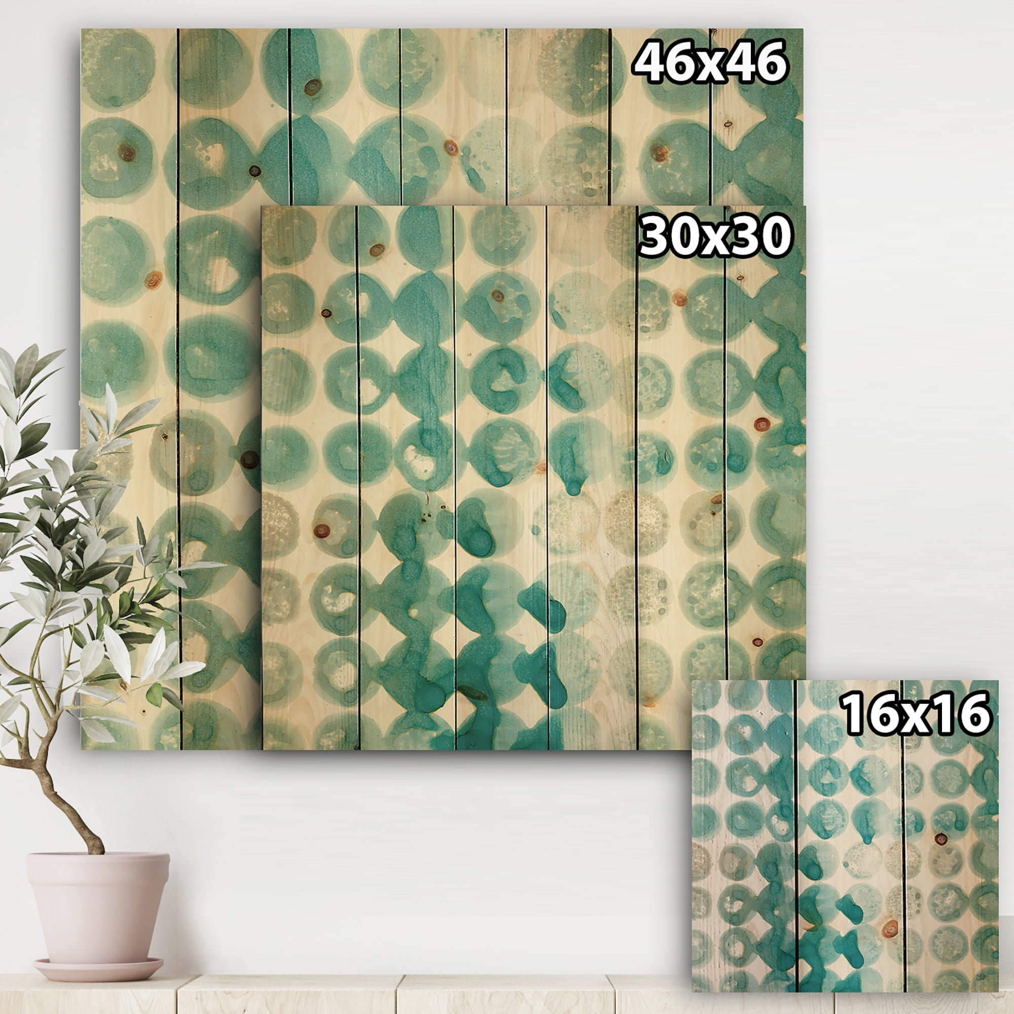 Designart 'Turquoise Watercolor geometrical II' Modern & Transitional Print on Natural Pine Wood