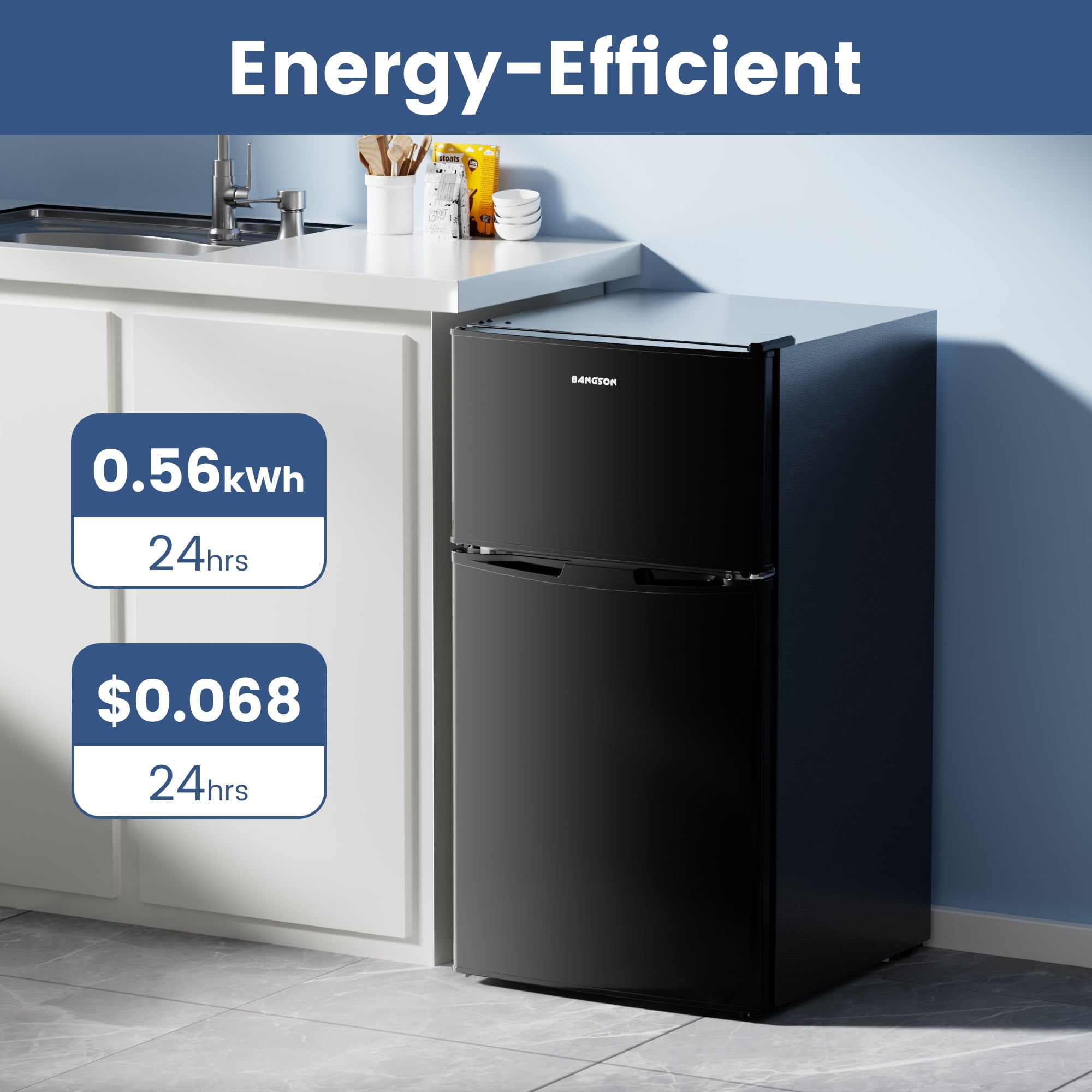 BANGSON 3.2 Cu.Ft Small Refrigerator with Freezer, 2-Door Mini Fridge for Dorm, Apartment, Garage & Office , Energy Efficient, Low Noise Operation ,Black