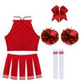 thumbnail image 4 of TiaoBug Women Cheerleading Costume Musical Cheer Leader Uniform with Striped Socks Bow Hair Pom Poms Red B M, 4 of 5