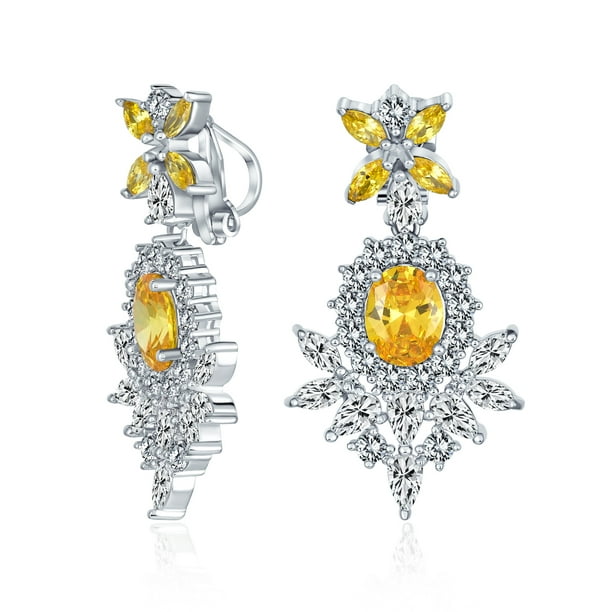Vintage Style Yellow Simulated Citrine Cz Clip On Chandelier Earrings Rhodium Plated Com Chandelier Earrings Rhodium Plated, Rhodium Chandelier Cubic Zirconia Earrings