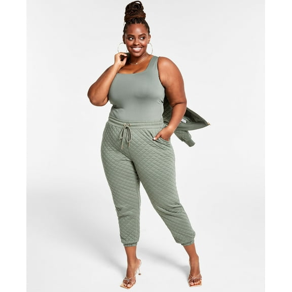 Nina Parker Trendy Plus Size Quilted Jogger Pants Terrain Green 3X