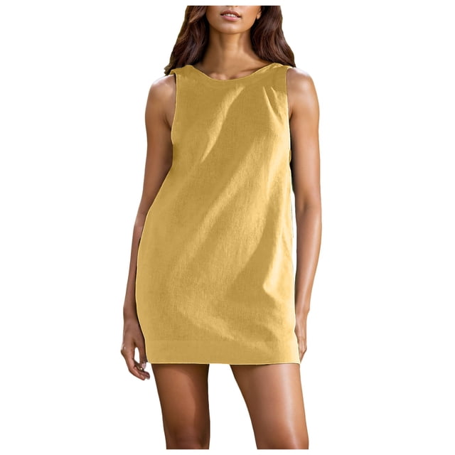 Womens Summer Crew Neck Sleeveless Open Back Dress - Casual Beach Sunshine Linen Mini Dress, Polyester Solid Color Fashion Style