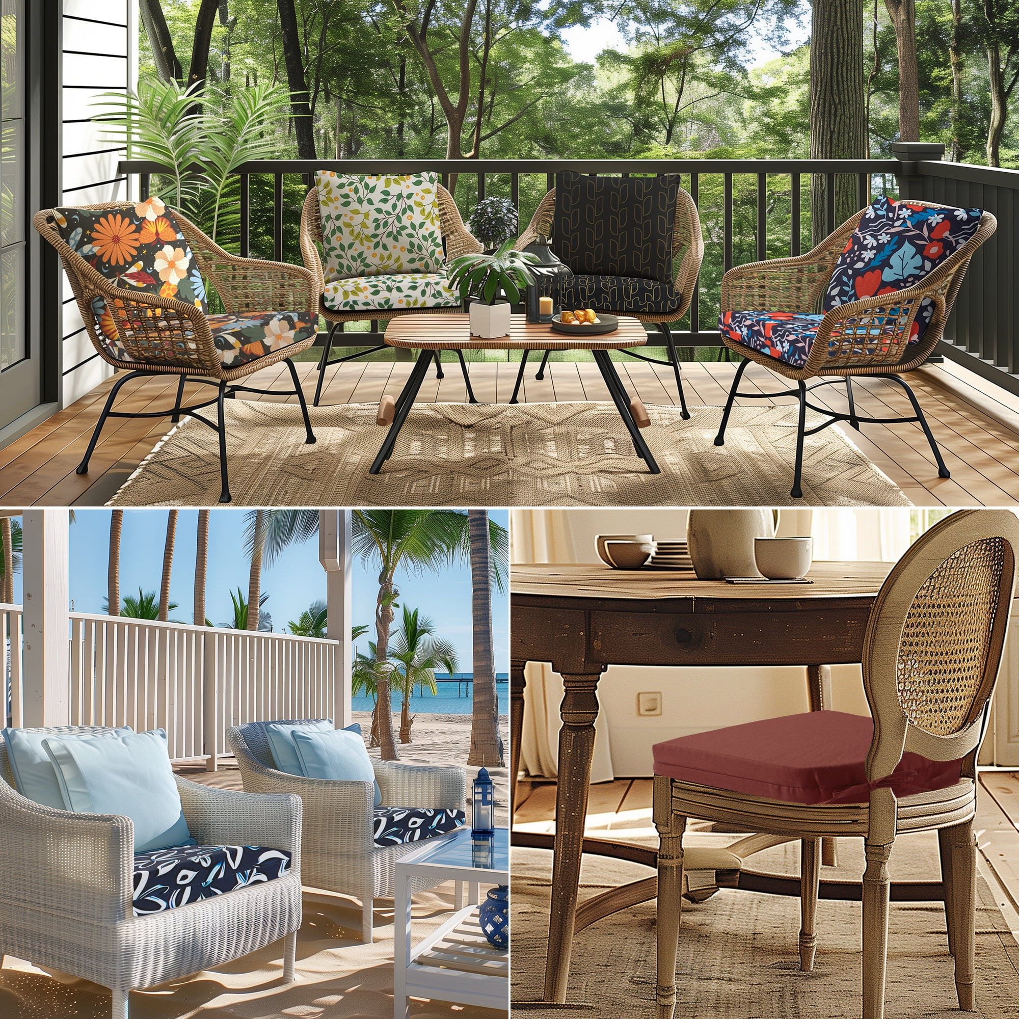 UNIKOME 4-Pack Outdoor Patio Seat Cushions, Water-Resistant High-Density Foam, 18.5 x 16 x 3 inch, Blue Floral