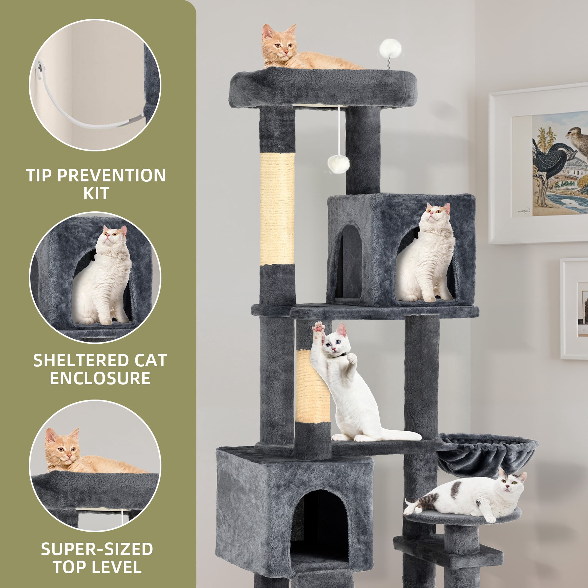 Uforic 70" Cat Tree Condo Multi-Level Tower with  Scratching Posts &Cozy Basket for Indoor  Cats, Dark Gray