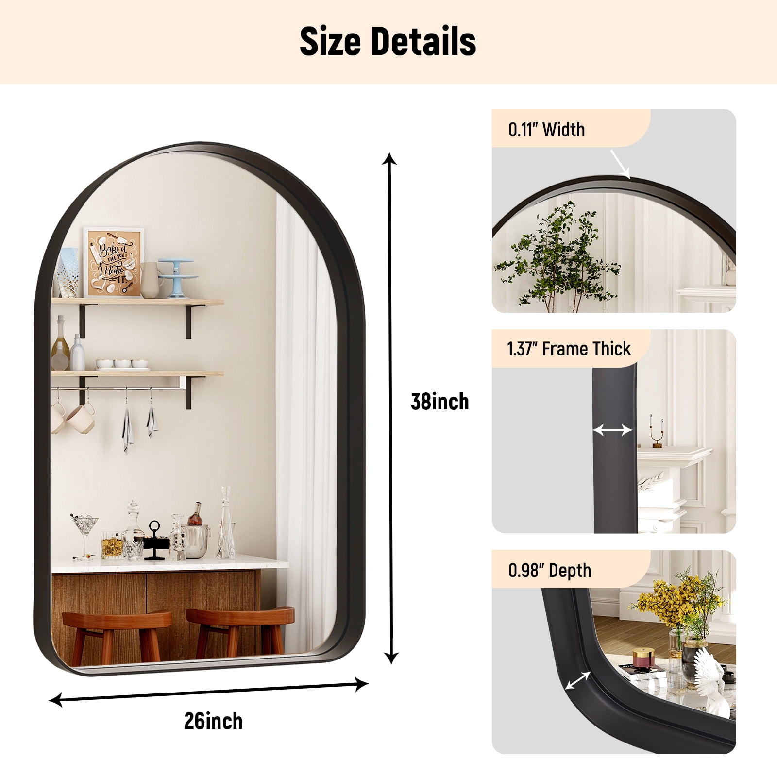 Gleamira 26"x38" Arched Bathroom Mirror Wall-Mounted Mirror with Deep Frame, Black