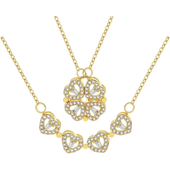 2 in 1 Four Leaf Clover Charm Lucky Necklace Heart Crystal Pendant Gold Link Valentine’s Day Jewelry Gift for Women-gold-