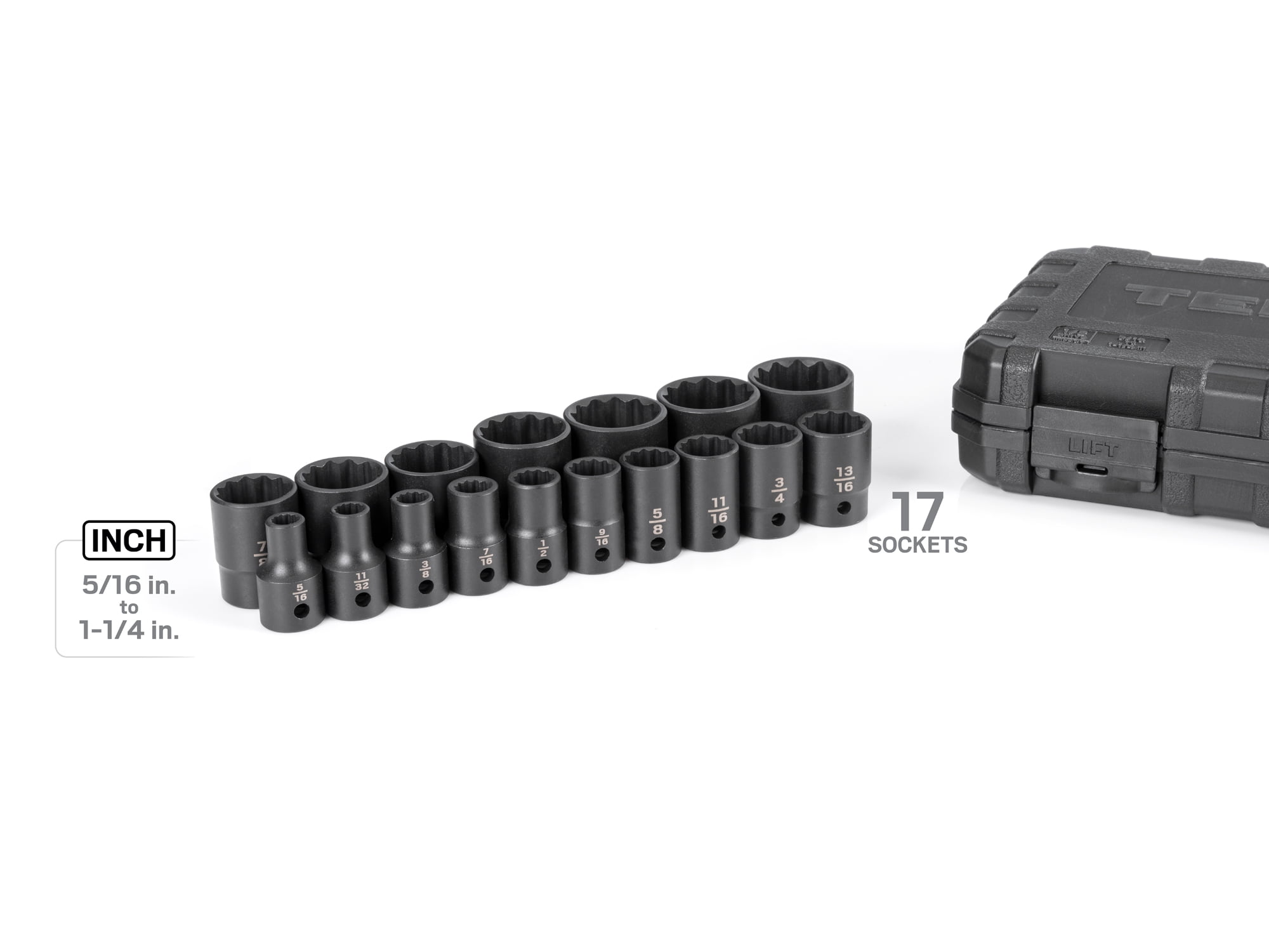 TEKTON 1/2 Inch Drive Shallow 12-Point Impact Socket Set with Case, 17-Piece (5/16 - 1-1/4 in.) | SID92336