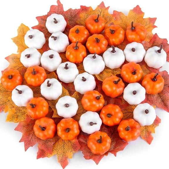 24PCS Mini Pumpkins with 100PCS Fake Maple Leaves, White and Orange Assorted Mini Pumpkins Crafts with Faux Maple Leaves Foam Pumpkins for Fall Wedding Thanksgiving Table Centerpieces Decor