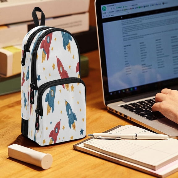 Backpack Pencil Case, 3 Compartment Large Capacity Oxford Fabric Pencil Pouch / Cosmic Adventure Collage