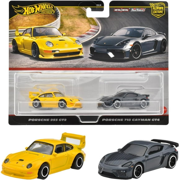 Vehículo de juguete Hot Wheels HRR82 Premium, paquete de 2 unidades Porsche 993 GT2/Porsche 718 Cayman GT4 para niños mayores de 3 años