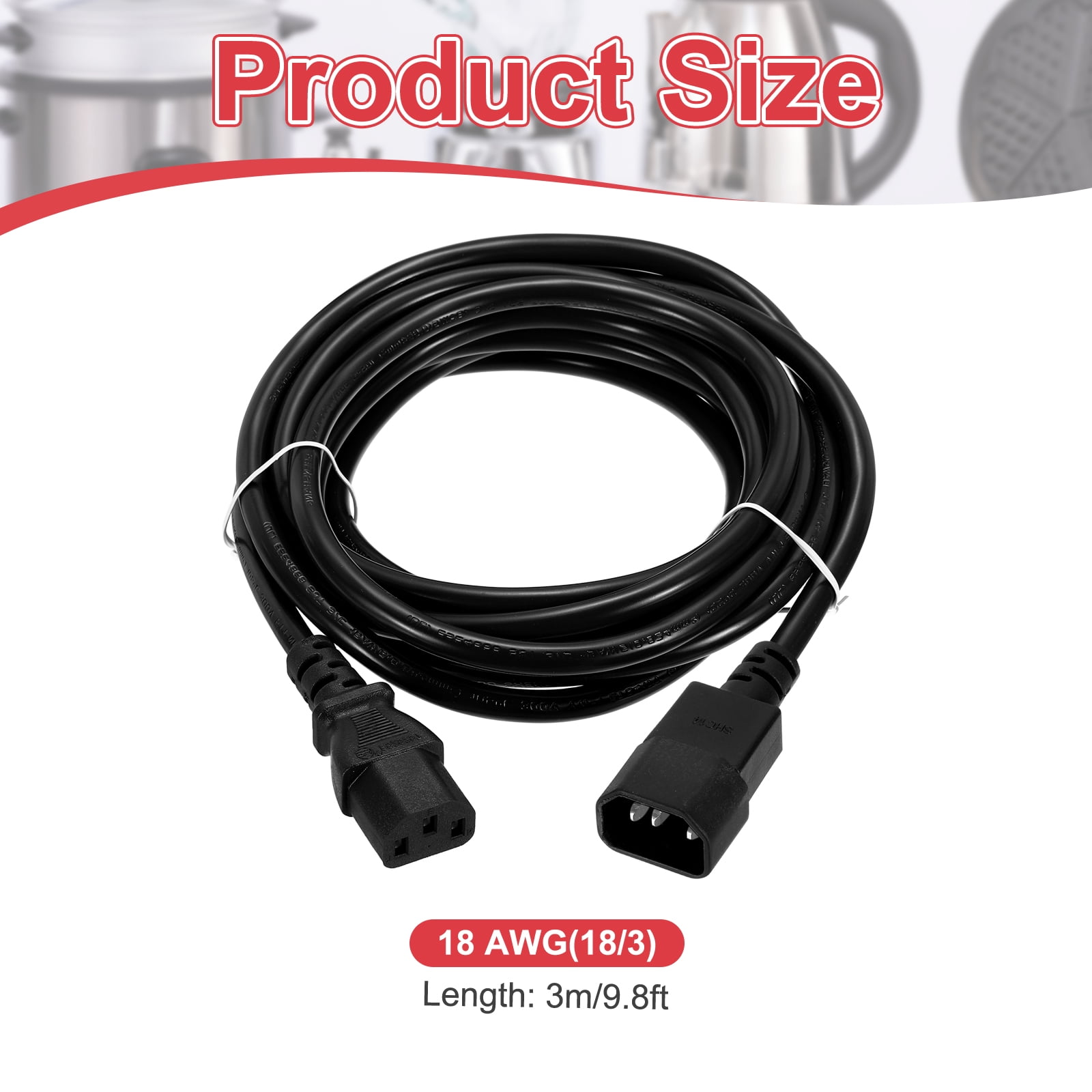 10ft 18 AWG Black 18/3 Universal Power Cord C14 to C13 10A 250V 3-Prong Extension PDU Power Cables