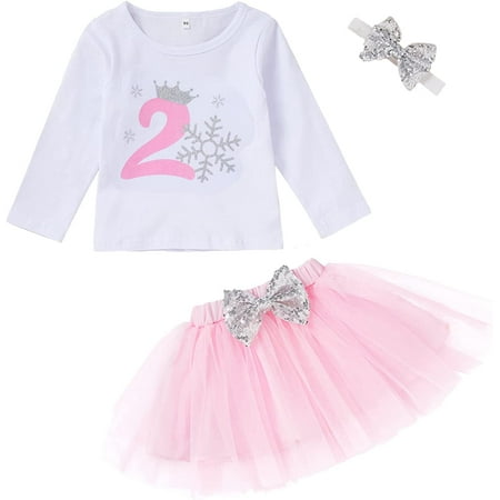 

Toddler Baby Girl 2nd Birthday Outfit Long Sleeve Tops T-shirt Tutu Skirt Headband 3pcs Set Clothes 2T