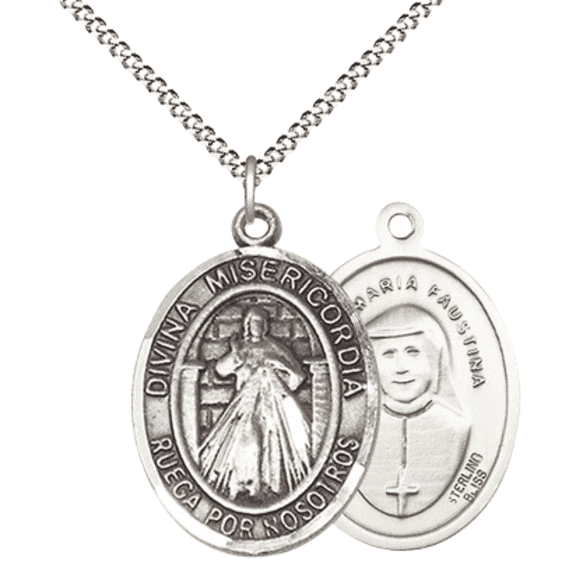 .925 Sterling Silver Divina Misericordia Medal Pendant on 18 Inch Rhodium Plated Lite Curb Brass Chain,Catholic Religious Necklace with Lobster Claw Clasp -Made in USA- Deluxe Velvet Gift Box