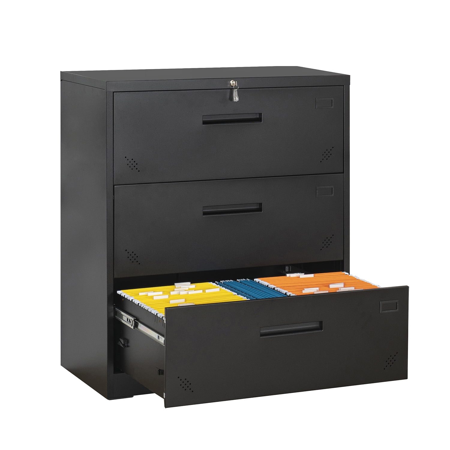 Kadyn Lateral File Storage Cabinet, 3 Drawer Filing Cabinet with Lock, Steel Office Wide File Cabinet for Home Office, Black Kadyn Lateral File Storage Cabinet, 3 Drawer Filing Cabinet with Lock, Steel Office Wide File Cabinet for Home Office, Black