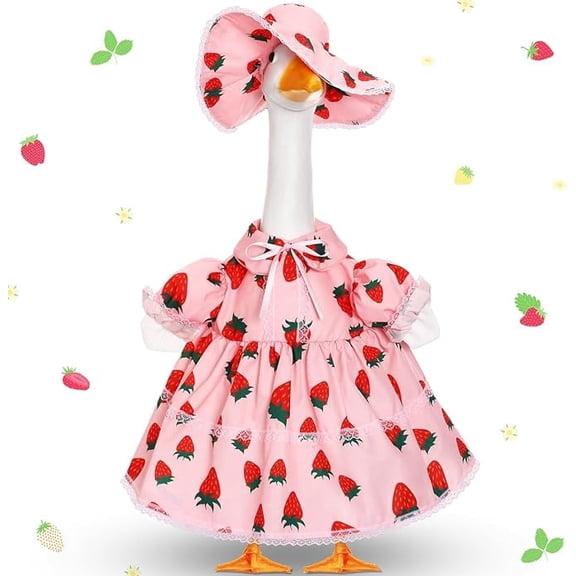 1 Set Summer Porch Goose Outfit, Pink Strawberry Print Dress and Bonnet for 23''/17" Cement Statue, Spring Outdoor Yard Lawn Patio Decor