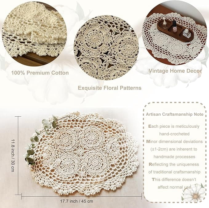 ZOURIH 4Pcs Handmade Cotton Crochet Doilies 12"x18",Oval Boho Lace Table Placemats Vintage Furniture Cloth Cover Room Decor,Floral Dollies for Tables Dresser Nightstand,Beige