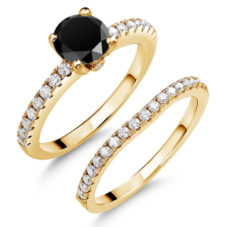 18K Yellow Gold Plated Silver Black Onyx and White Moissanite Wedding Engagement Band Bridal Set Ring for Women (1.29 Cttw Gemstone December Birthstone Available in Size 5 6 7 8 9)