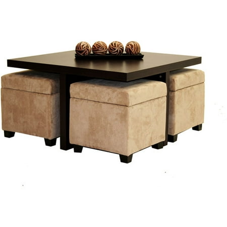 Club Coffee Table With 4 Storage Ottomans Chocolate And Beige Club Coffee Table With 4 Storage Ottomans Chocolate And Beige
