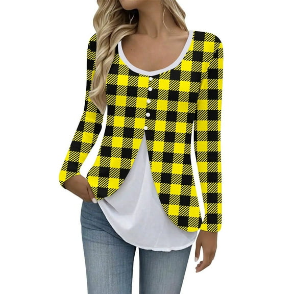 YUGYXL Women's Henley Shirt Fake Two Pieces Top Long Sleeve Crewneck Patchwork Pullove Fall Loose Fit Casual Daily Wear Yellow M