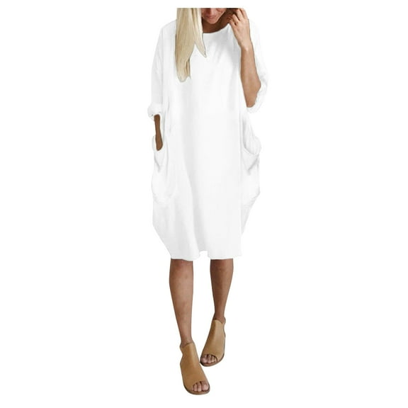 Winter Fall Dresses for Women Wedding Guest Long Sleeve Pocket Loose Dress Ladies Round Neck Casual Knee-Length Dress