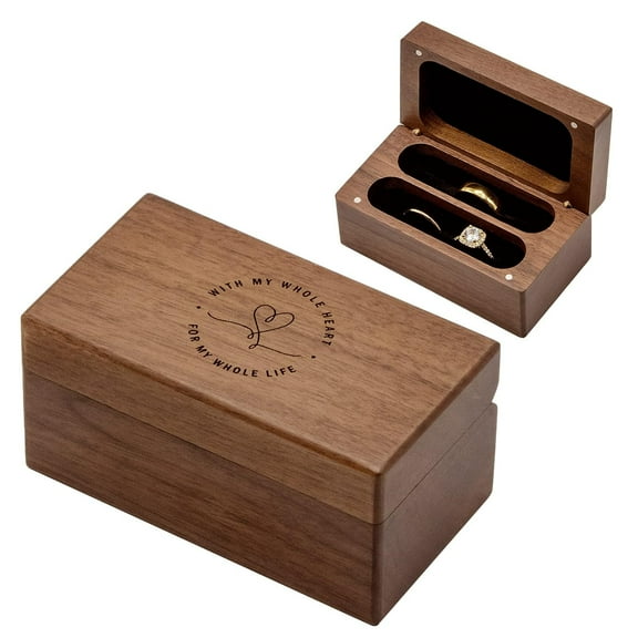 MUUJEE My Whole Heart Quad Ring Box - Engraved Wooden Ring Case Box for Wedding Ceremony Ring Bearer Box - Anniversary Birthday Gift Ideas