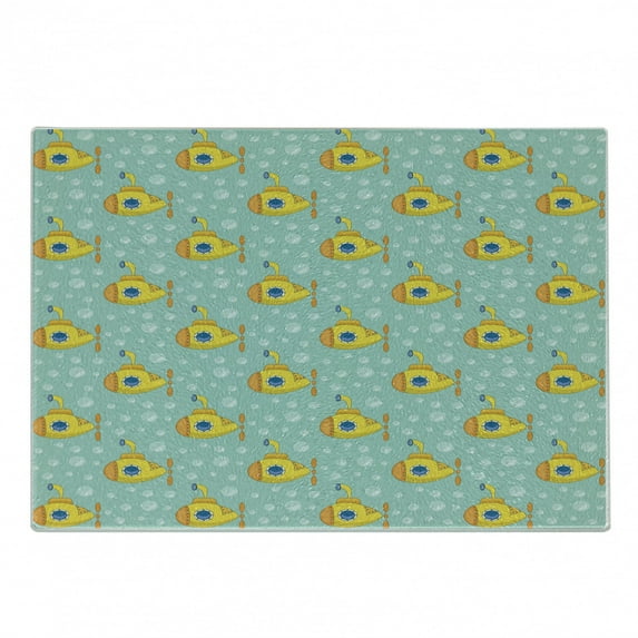 Yellow Submarine Cutting Board, Nautical Design Illustration of a Submarine and Bubbles, Decorative Tempered Glass Cutting and Serving Board, Small Size, Seafoam and Earth Yellow, by Ambesonne