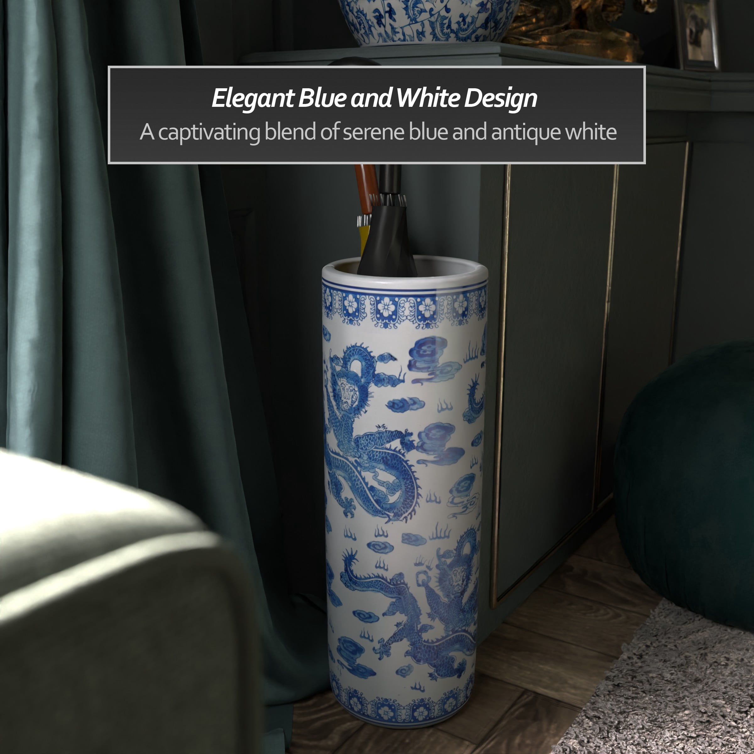 Red Lantern 24" Dragon Blue & White Porcelain Umbrella Stand