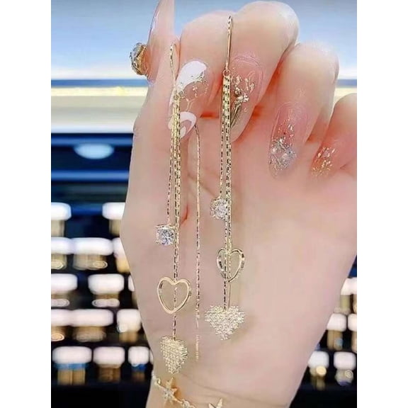 Heart & Tassel Threader Earrings, Long Dangling Design, Gold, 1 Pair