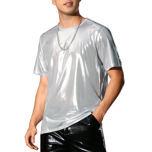 INSPIRE CHIC Shiny T-Shirt for Men's Crew Neck Short Sleeves Party Disco Metallic Tee Tops Silver S