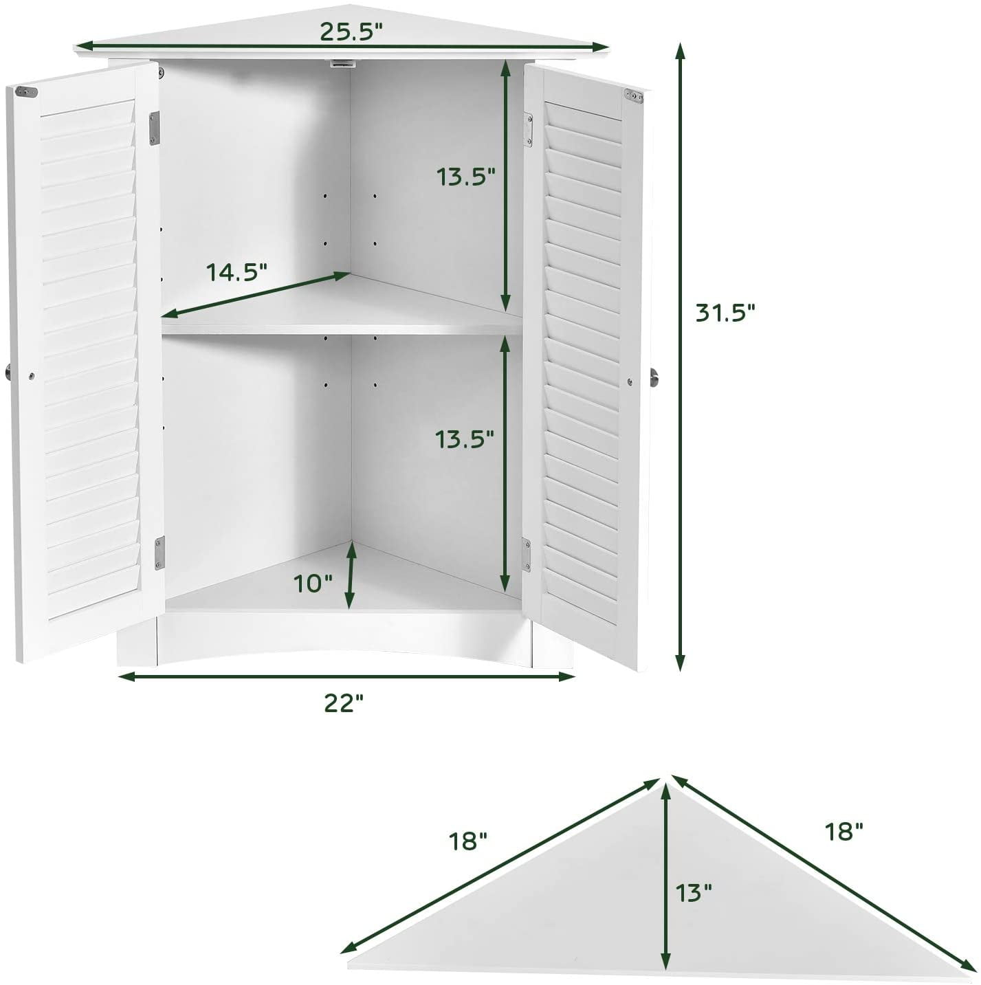 Giantex 3-Shelf Corner Cabinet, Freestanding Bathroom Floor Cabinet with Double Shutter Doors and Adjustable Shelf, Suitable for Bathroom, Living Room, Bedroom, Kitchen, 22 x 13 x 31.5 inches