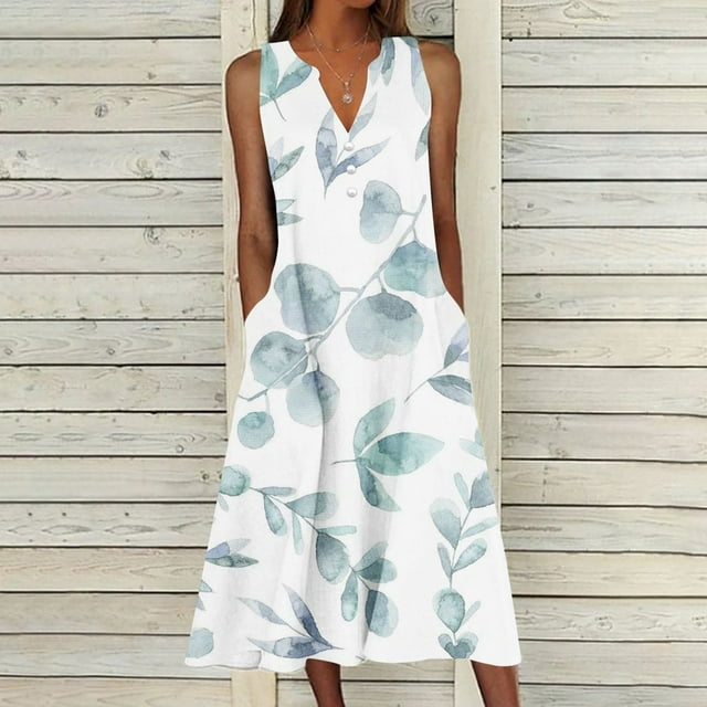 Estbridge Robes d'Été pour Femmes Décontractées Plissées Amples Évasées Midi pour Femmes Imprimé Floral Longueur Genou Grande Taille Robe Col Ras du Cou Manches Courtes Robe d'Invitée de Mariage Économies d'Été Liquidation