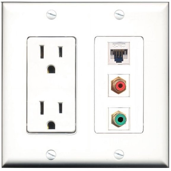 RiteAV - 15 Amp Power Outlet 1 Port RCA Red 1 Port RCA Green 1 Port Cat5e Ethernet White Decorative Wall Plate