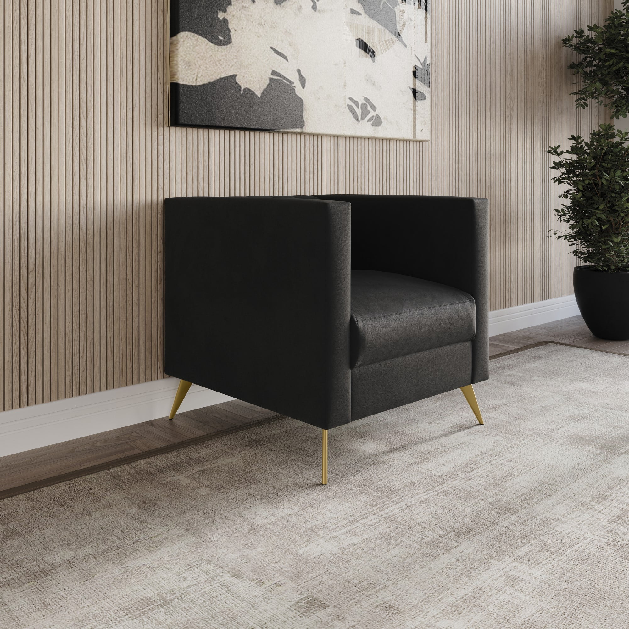 Home Design Weiss Velvet Square Arm Chair with Channel-Tufted Back and Gold Metal Legs, Modern Upholstered Living Room Seating, Black