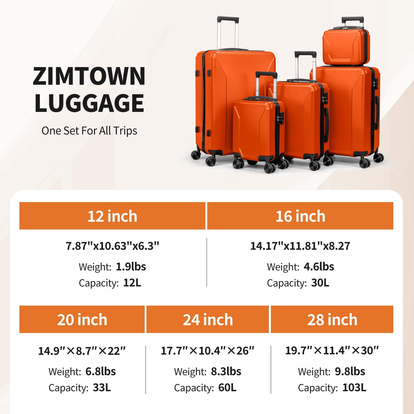 Zimtown 5-Piece Luggage Set with 8 Packing Cubes, Hard Shell Suitcase Set with Spinner Wheels Built-in TSA Lock, Orange