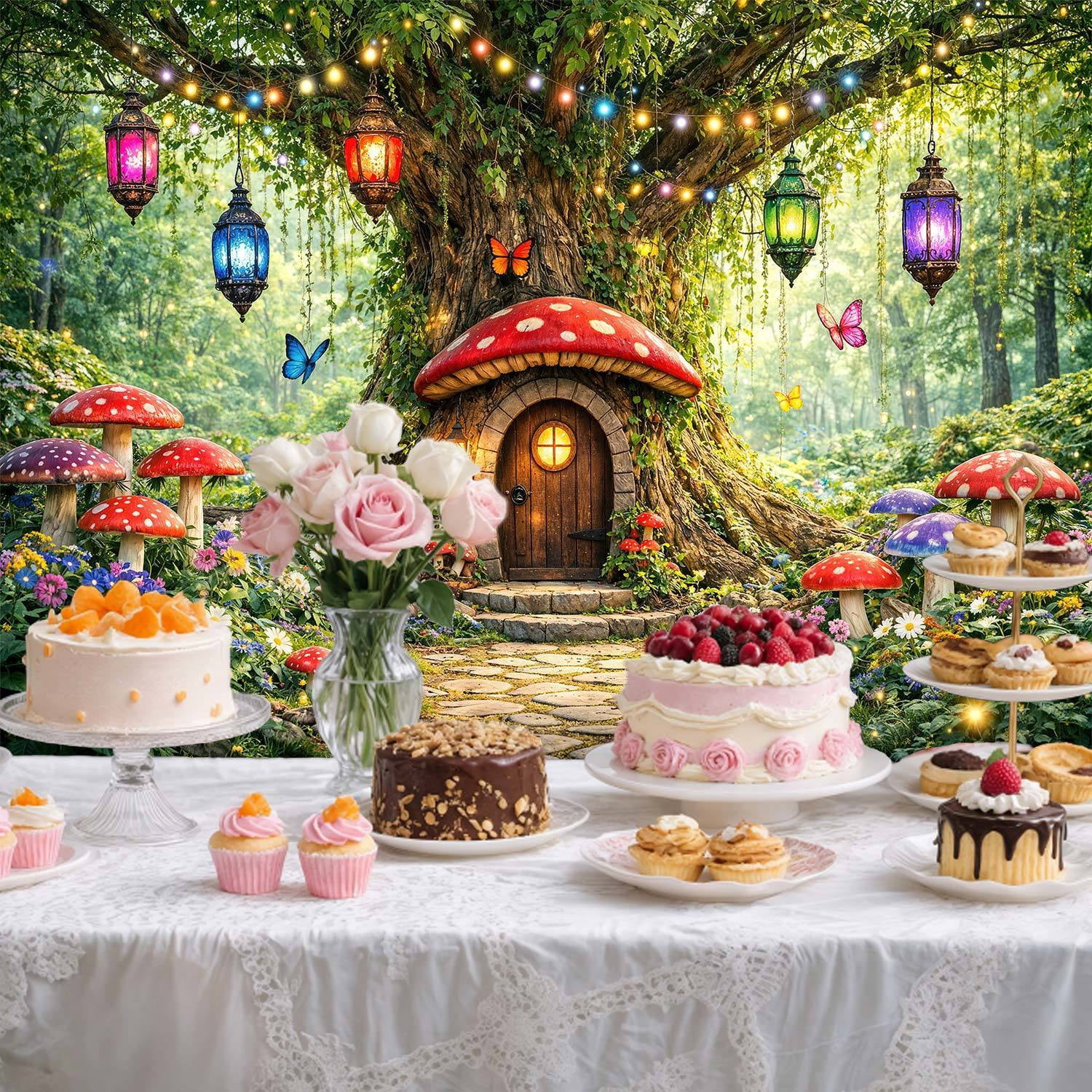 Enchanted Forest Mushroom House Photography Backdrop, Magical Fairy Tree Lantern Butterfly Realistic Background for Kids Birthday Party Baby Shower Photo Booth Decorations Banner, 10x8ft